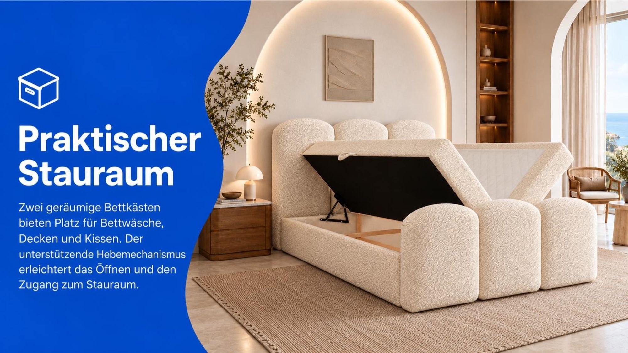Boxspringbett ROYAL in Quelle 02 mit zwei geöffneten Bettkästen und Hebemechanismus