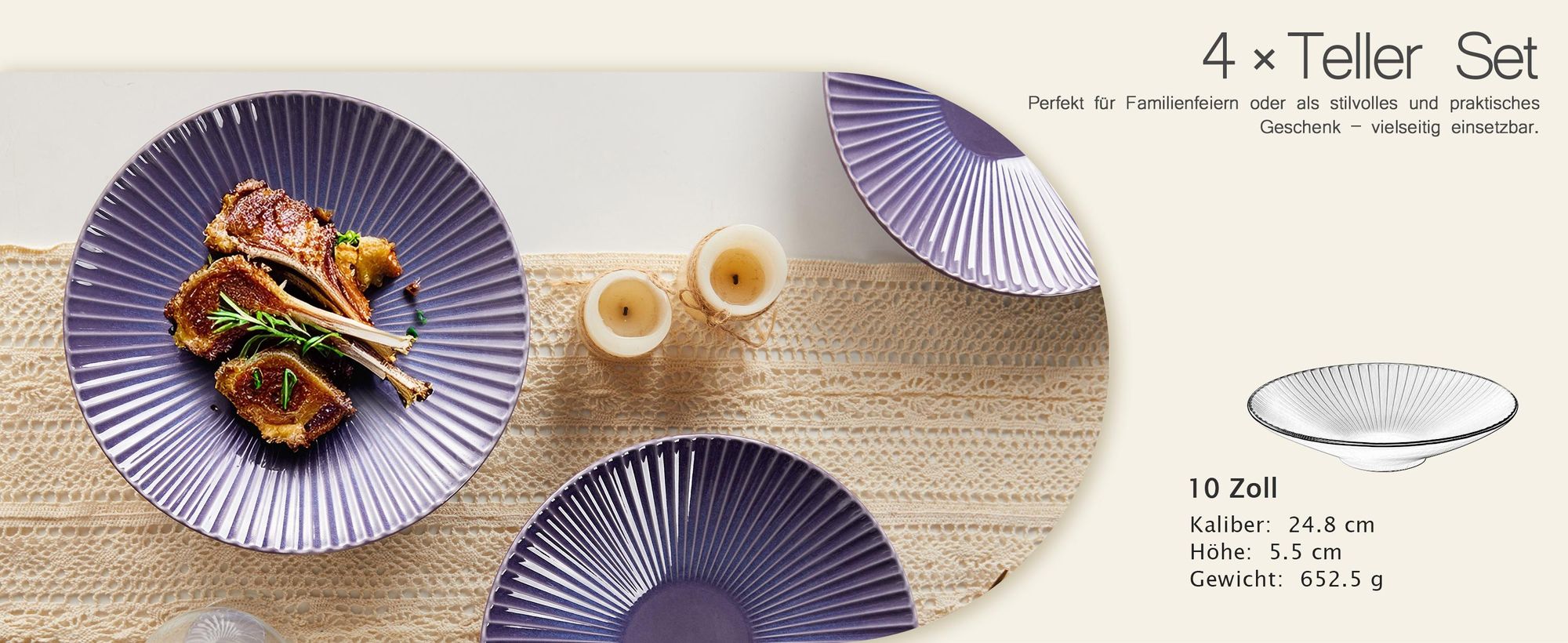 Teller Set 4er Ø 24,8 cm – Keramik Speiseteller & Pastateller, Essteller im japanischen Stil, moderne Teller, Mikrowelle & Spülmaschine geeignet