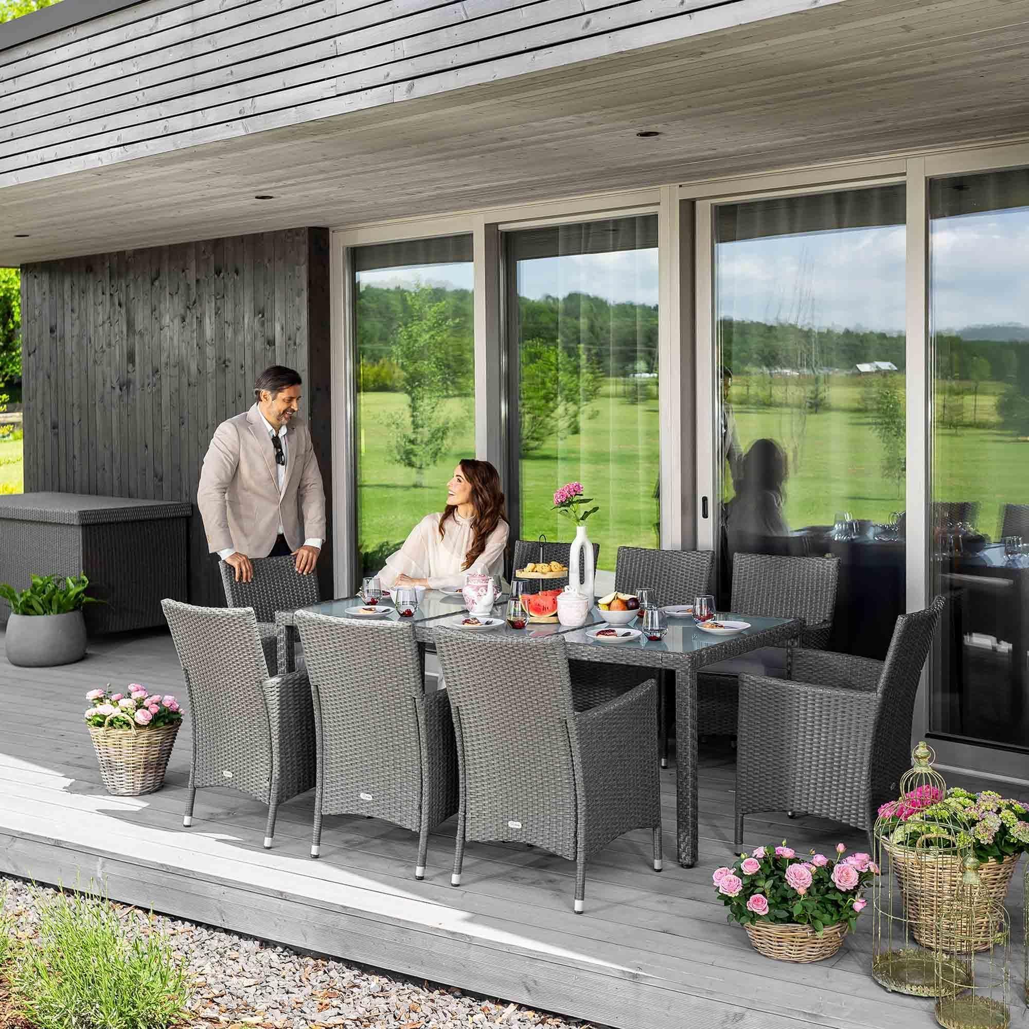 di volio Polyrattan Sitzgruppe VERONA - Lounge Gartenmöbel-Set für Garten oder Terrasse, Tisch mit Glasplatte + 8 Stühle - Lounge-Set in Rattan-Optik