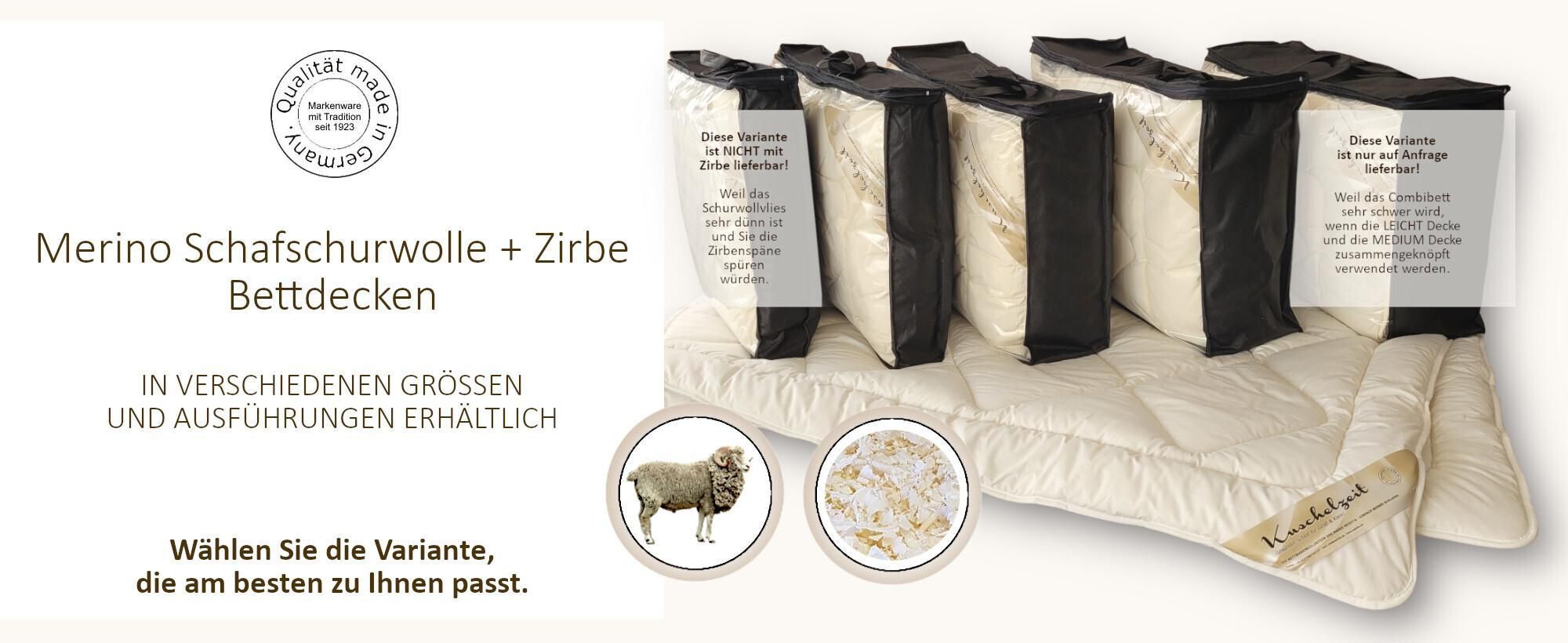 Merino Schafschurwolle + Zirbe Bettdecken in verschiedenen Ausführungen.