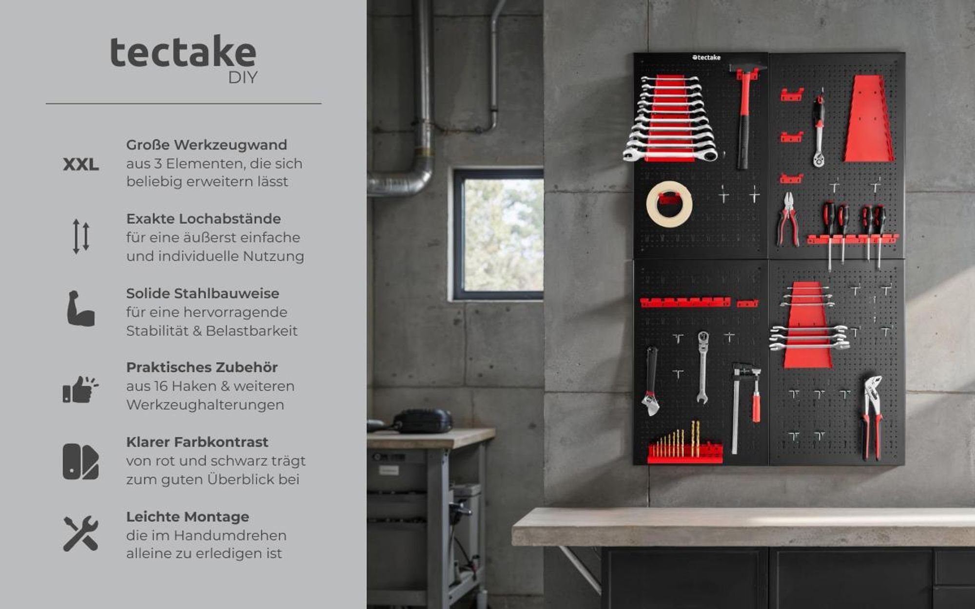 tectake® Werkzeuglochwand Jonah vierteilig Belastbarkeit 4 kg pro Platte