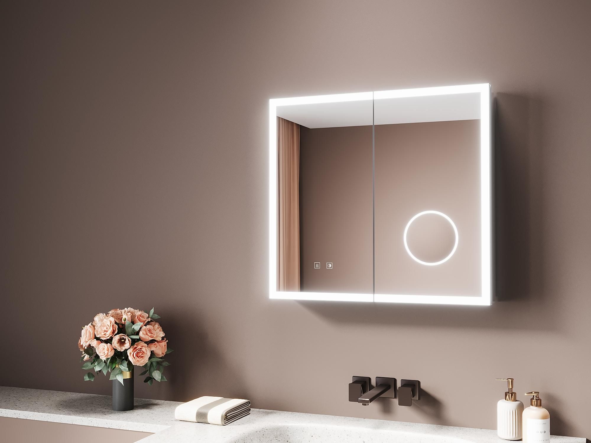 Sonni Aluminium-Spiegelschrank mit Doppeltür 65 x 60 x 12,5 cm, hellsilber mit Vergrößerungsspiegel  Power-Off-Memory-Funktion