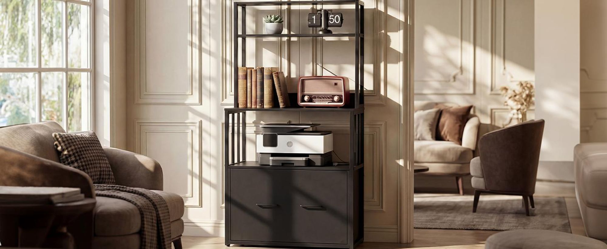 Aktenschrank mit Schublade, Aktenschrank mit Bücherregal, Aufbewahrungsschrank, 75 × 35 × 135 cm, Schwarz