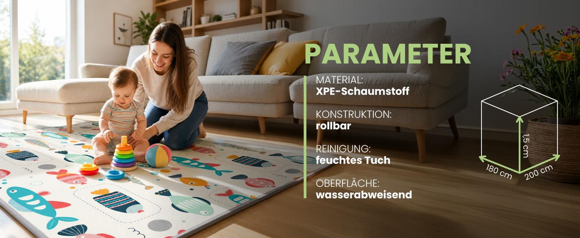 doppelseitig Krabbelmatte Baby Spielmatte Rollmatte 180×200cm wasserabweisend rutschfest