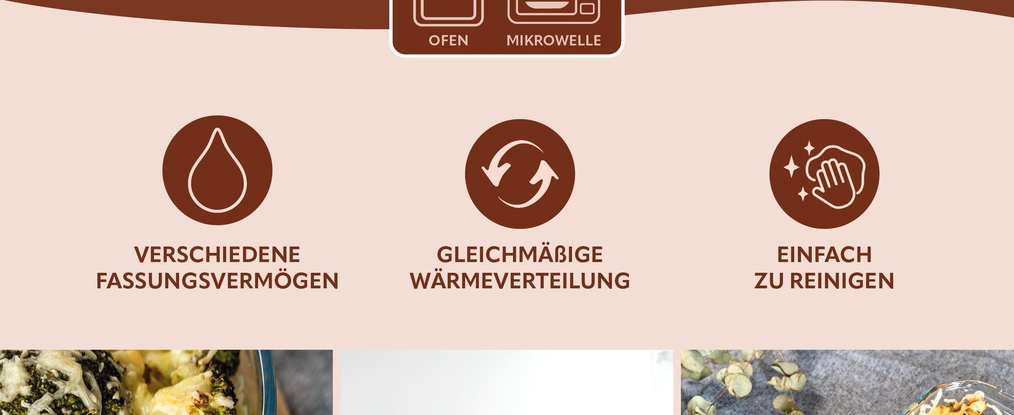 Das Bild zeigt, dass die Auflaufform für den Backofen und für die Mikrowelle geeignet ist