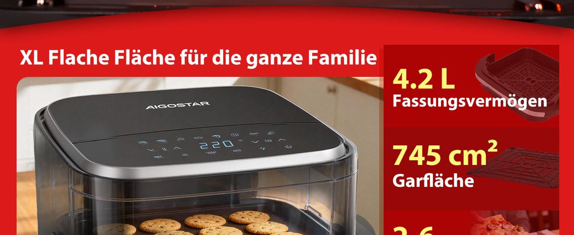 Aigostar Heißluftfritteuse XL 745 cm² Garfläche, Pizzafunktion, Doppelheizung, Sichtfenster, 11 Programmen 2200 W leiser, Extra-Crisp Technologie