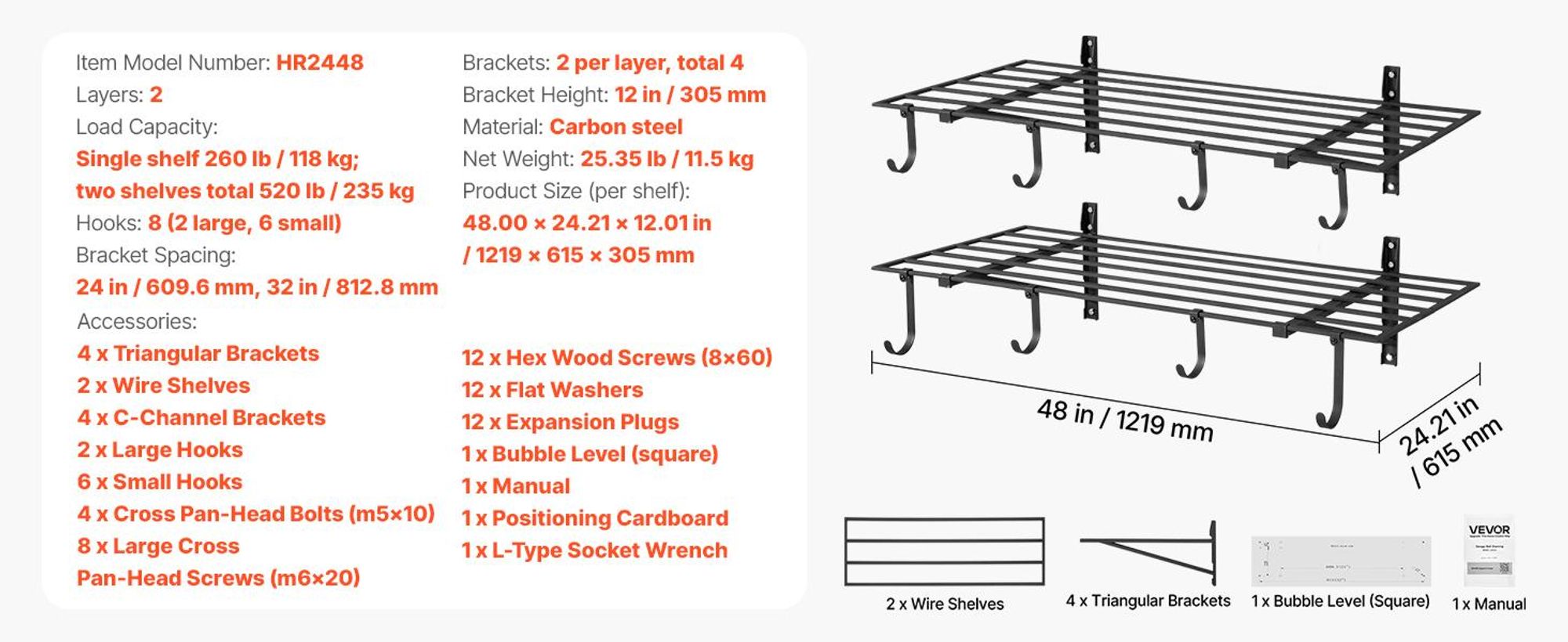 VEVOR 2-stufige Schwerlast-Wandgarage-Regale, 61 x 122 cm Stahl Wandmontierte Regaleinheit mit Haken, 610 x 1219 mm pro Regal Schwimmendes Lagerregal aus Metall mit 235 kg Gesamttragfähigkeit, Schwarz, 24x48 Zoll