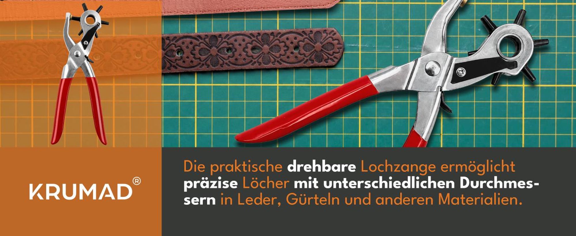 KRUMAD Lochzange Revolverzange für Leder und Gürtel, Lochstanzer mit verschiedenen Lochgrößen, Lederzange für Reparaturen und Bastelarbeiten