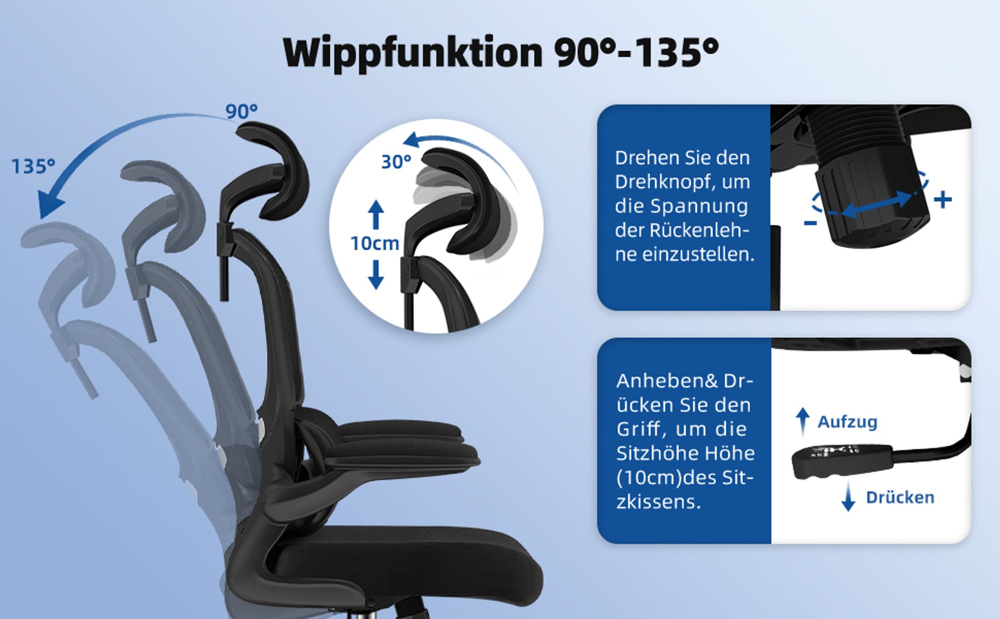 Aiibot Bürostuhl,Bürostuhl Ergonomisch,Schreibtischstuhl mit Umklappbare Armlehnen Lordosenstütze,Drehstuhl,Bürostühle Wippfunktion,Bürostuhl 150kg
