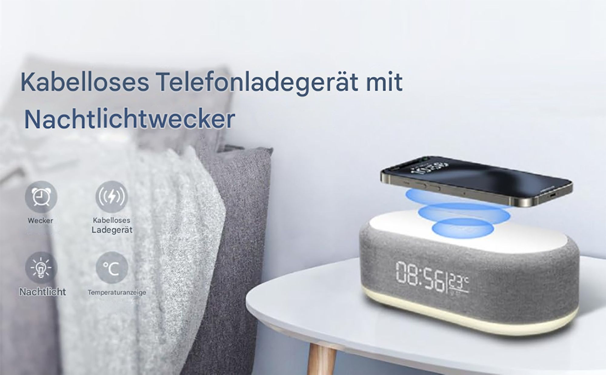 4 in 1 Wecker Digital mit Ladestation,15W Kabelloses Schnell Ladegerät,LED-Display mit Temperatur,Alarm Clock 3 dimmbares Nachtlicht und USB-Ladegerät