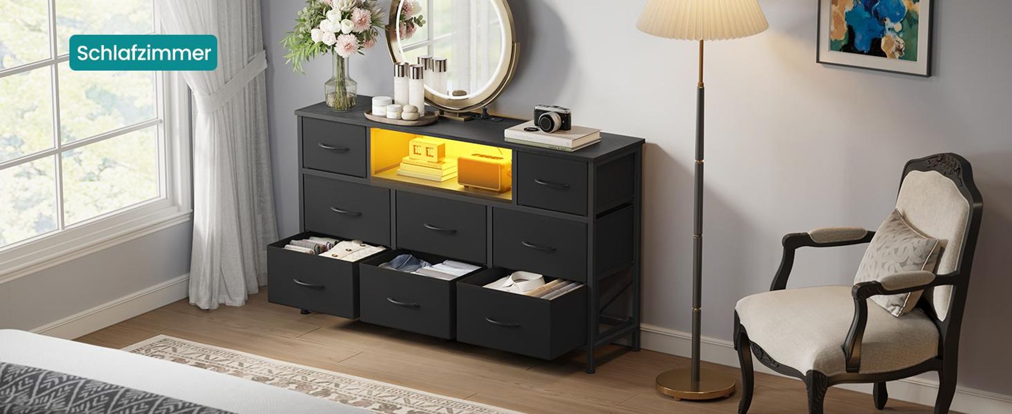 SONGMICS Kommode mit 8 Stoffschubladen, TV-Schrank mit LED und Steckdosen, 113,8 x 30 x 68,1 cm, Schwarz