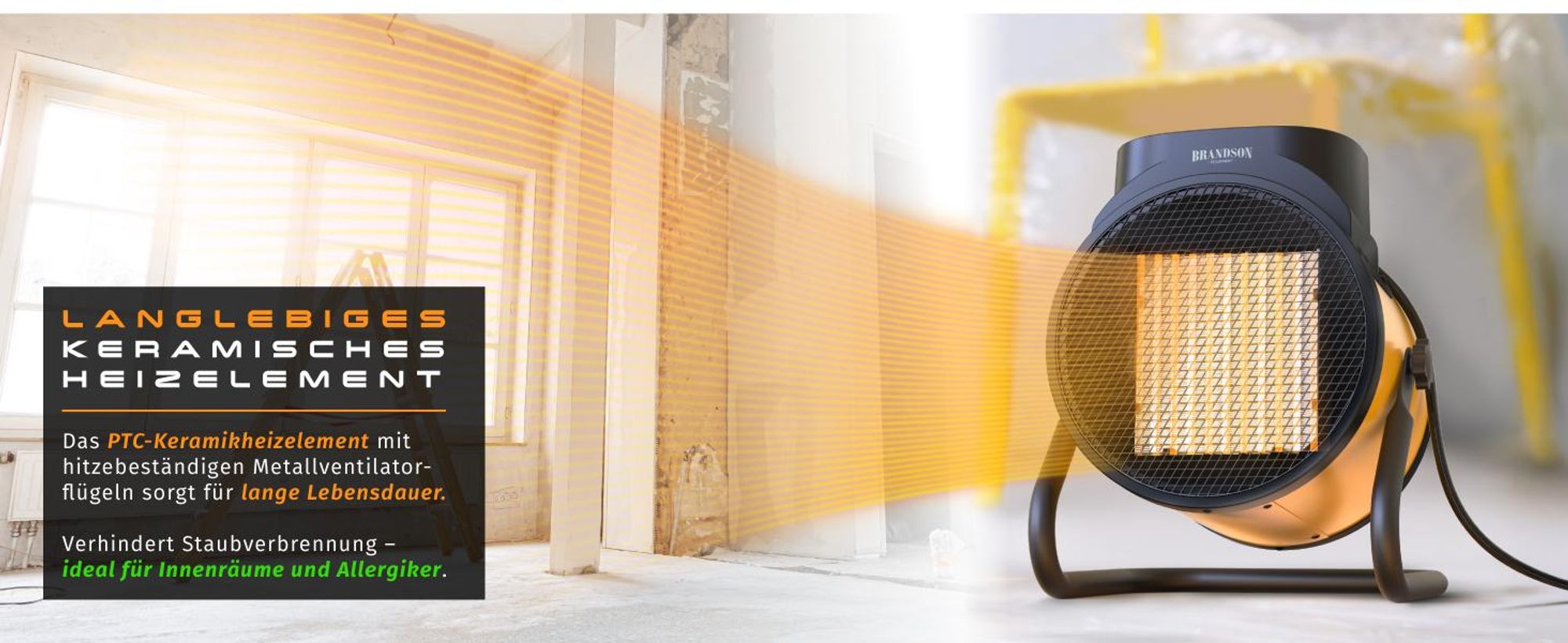 Brandson Baustellen-Heizlüfter, Bauheizer, 3000 W, Thermostat, 2 Heizstufen, 220 m³/h, PTC-Keramik, Metallgehäuse, Lüfterbetrieb, Thermosicherung
