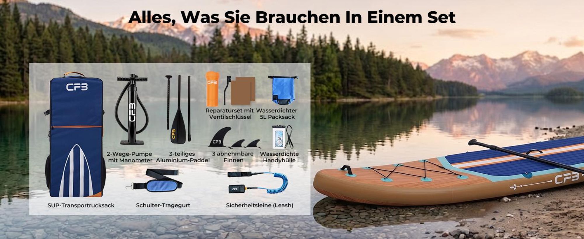 CFB Stand Up Paddle Board 335 mit 86 cm Standfläche, Bis zu 200kg, SUP Board mit Paddel, Pumpe, Rucksack, aufblasbares iSUP Set für Anfänger&Familien