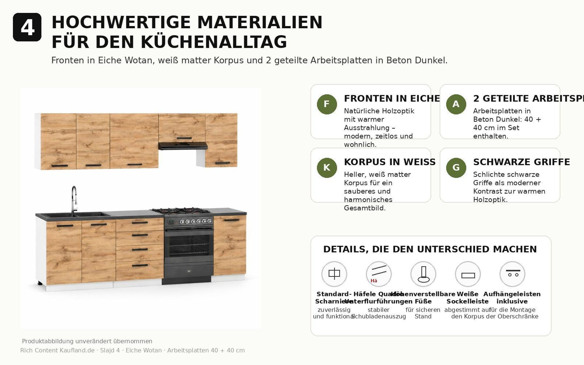 Materialdetails mit Fronten in Eiche Wotan, weißem Korpus und schwarzen Griffen