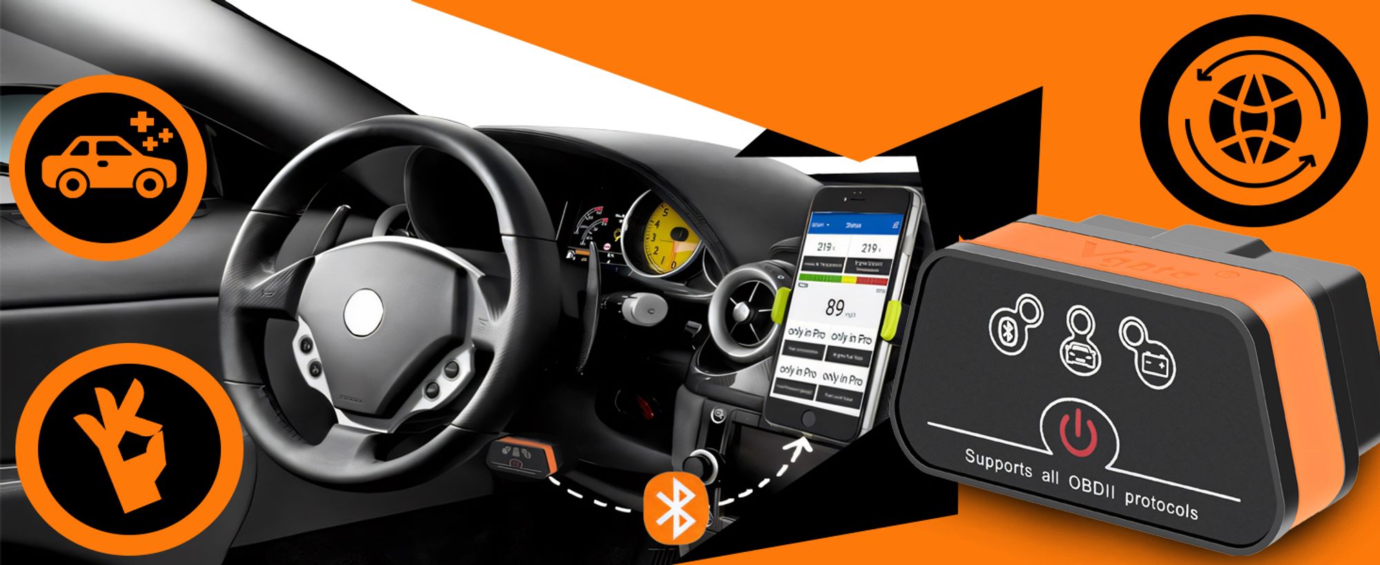 OBD2 Diagnosegerät mit Bluetooth & Auslesegerät – ELM327 v2.2 Fehlercodeleser für Motor, Getriebe, ABS & SRS, Echtzeitdaten Alle KFZ Retoo