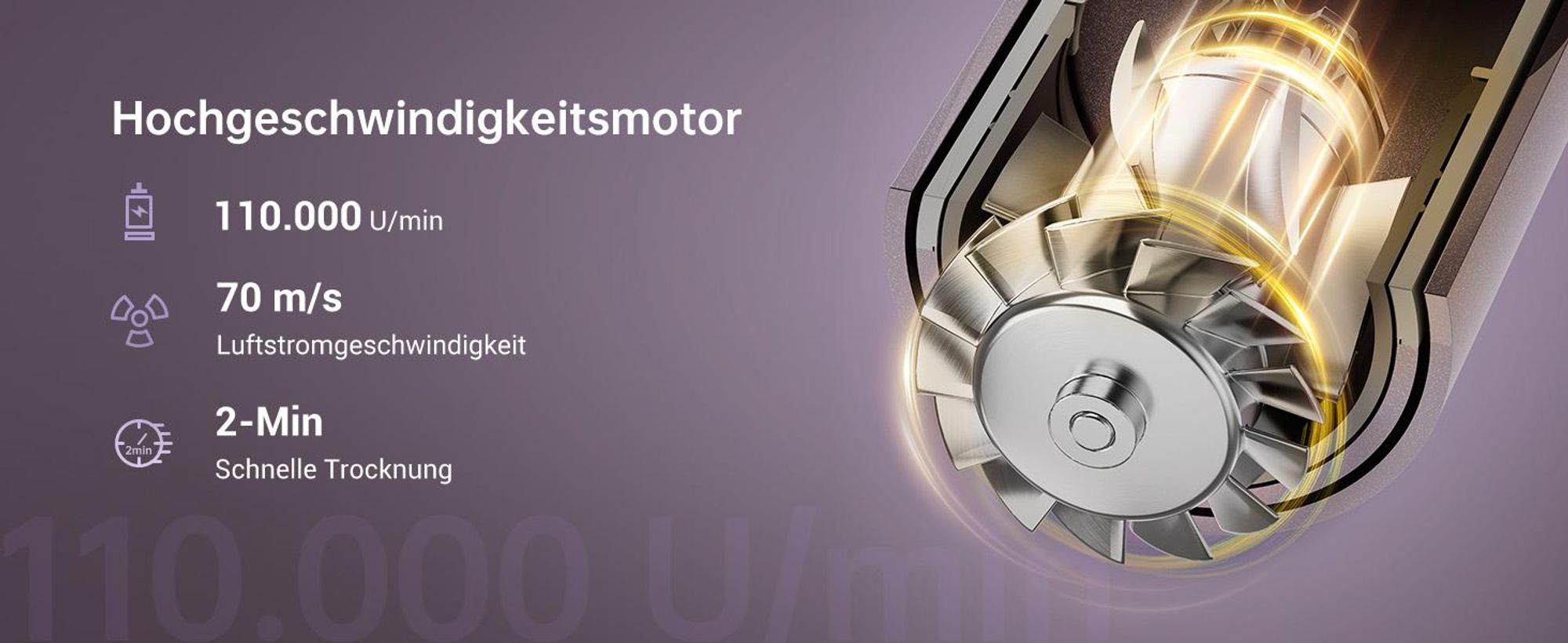 Dreame Glory Combo Haartrockner,110K U/min,70m/s,professioneller,Negativ-Ionen-Technologie,4 Temperaturstufen, Luftgeschwindigkeitsregelung,lila