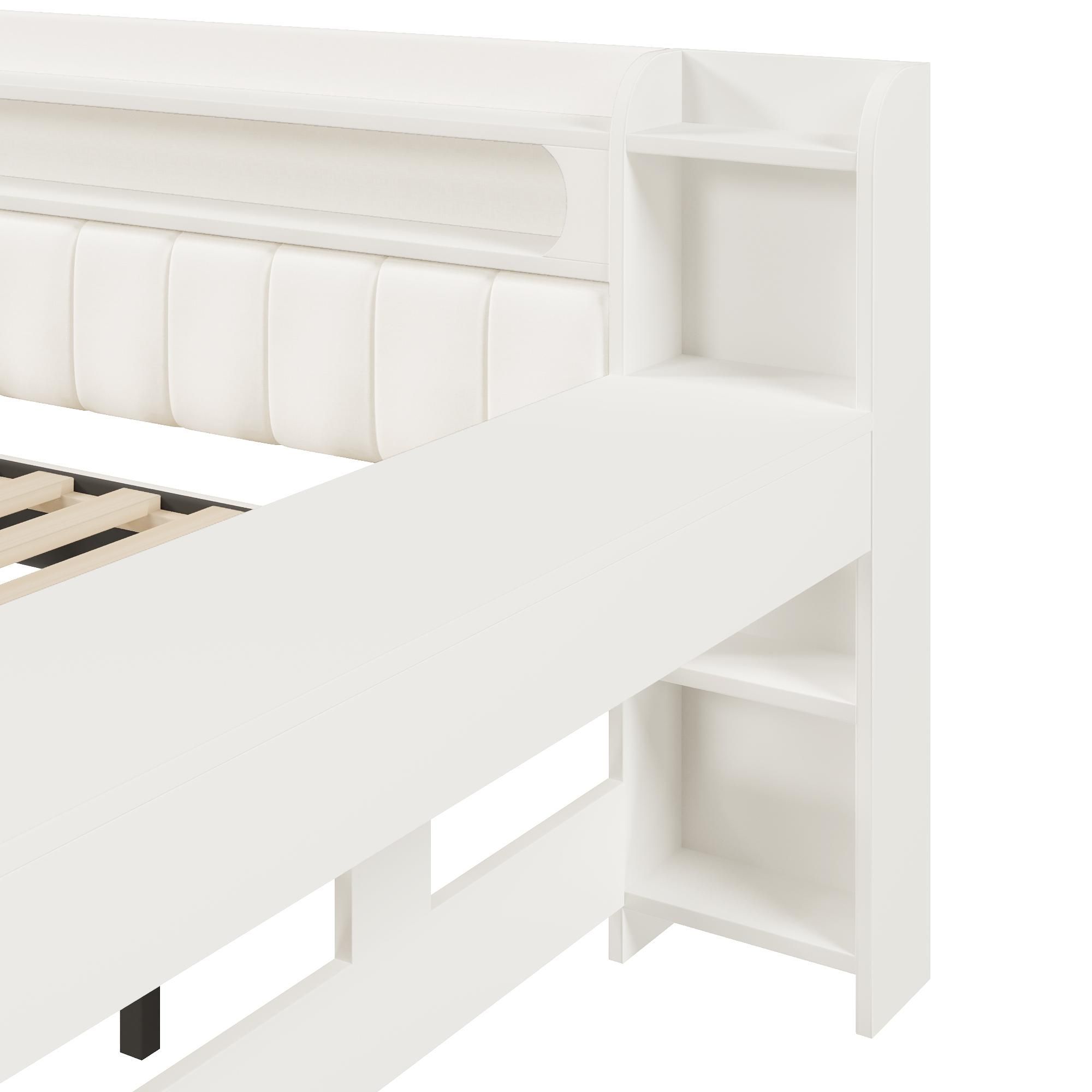 Merax Tagesbett 140x200 mit Ausziehbett 90×190cm, USB-Anschluss, LED, Schreibtisch, Stauraum, Schlafsofa Kinderbett mit Leinenkissen, Weiß