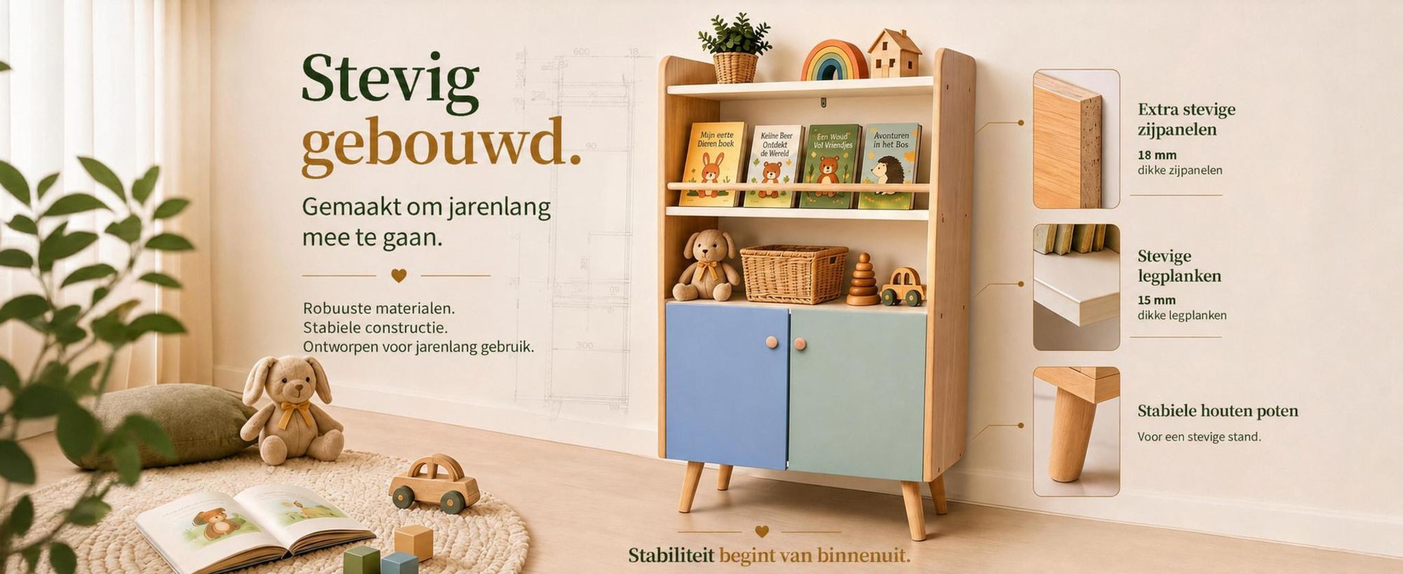 ALVIX Kinderrek NESTA 4 met 2 deuren, Montessori boekenkast voor kinderen met boekenplanken, speelgoedrek en opbergkast, voorzien van een omvalbeveiliging