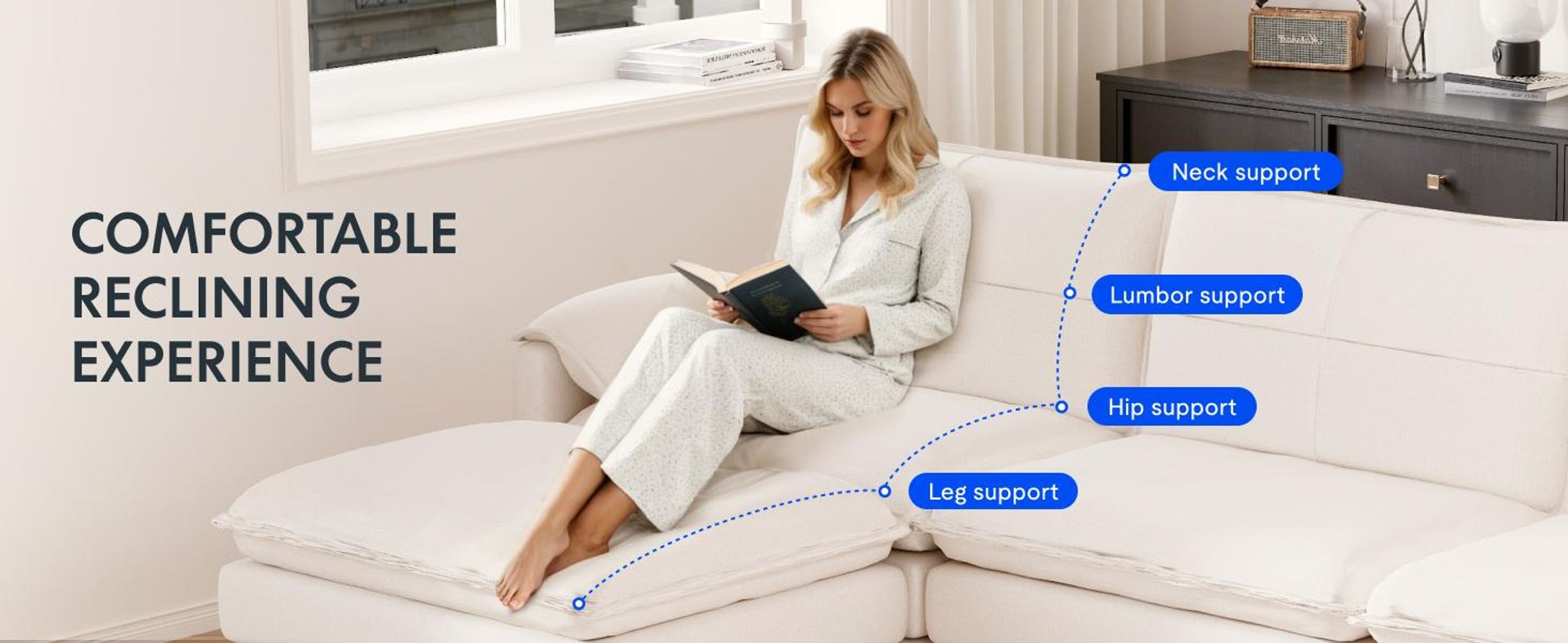 FLEXISPOT 4-Sitzer Sofa Sofabed L-förmiges Ecksofa mit Hocker, Stauraum, Modulares Sofa platzsparend für Wohnzimmer Weiß