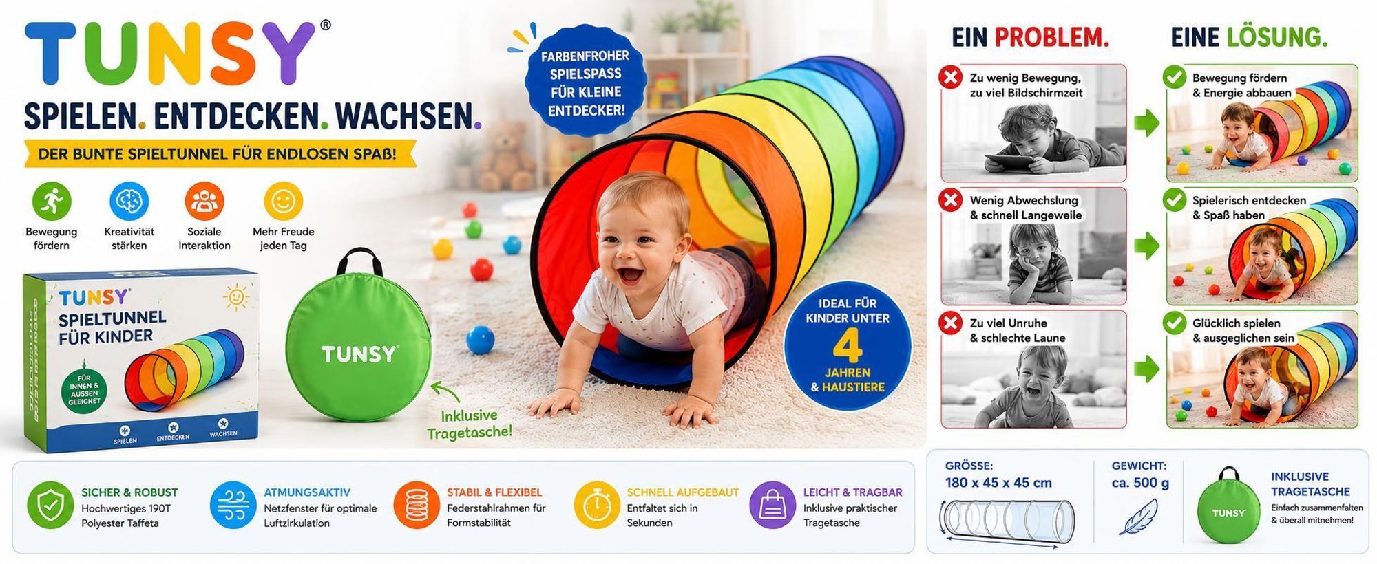 180x45x45cm Regenbogen Kriechtunnel, Krabbeltunnel für Kinder ab 1 Jahr, Klappbarer Spieltunnel - TUNSY