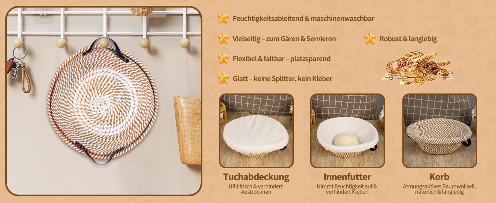 Gärkörbchen Set aus Rattan 10-teilig, Komplettes Brotback Set mit Sauerteigglas, Backmatte & Brotschneider mit 5 Klingen für Anfänger und Profis