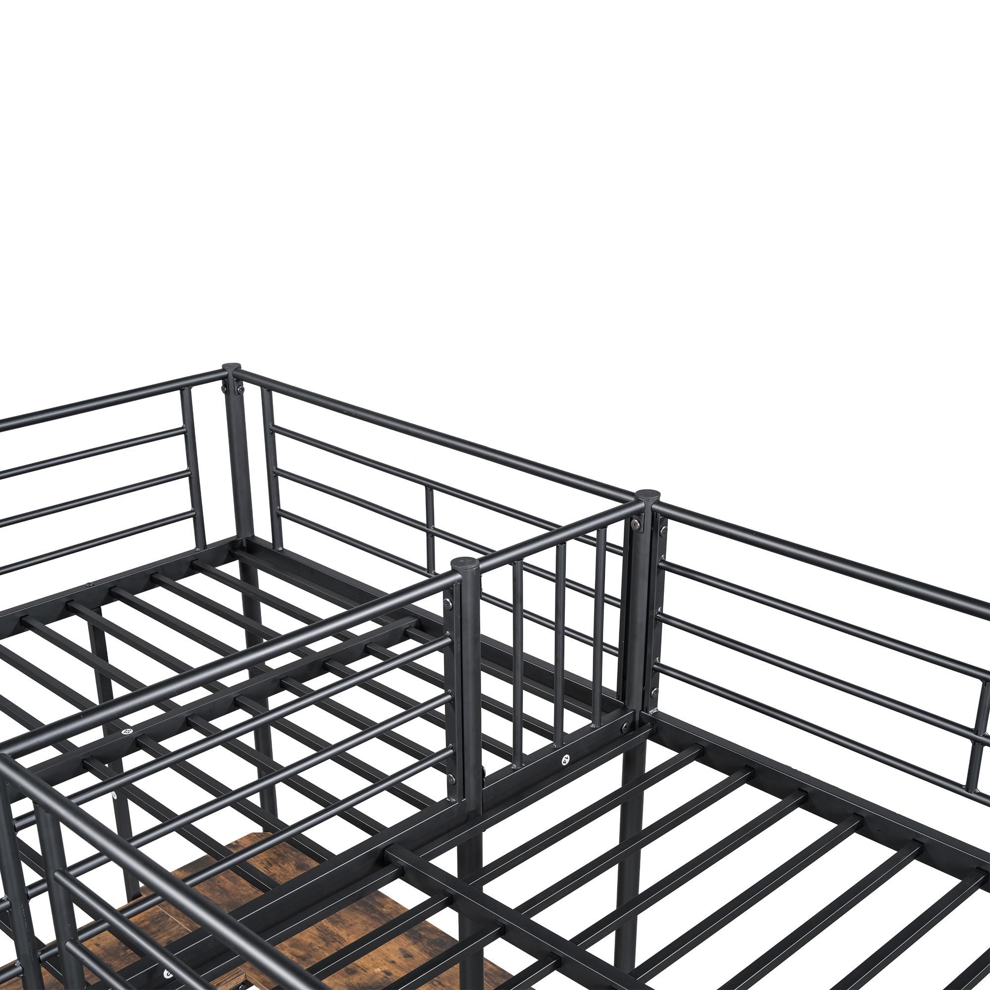 Merax Etagenbett Hochbett 90x200 cm, mit Tisch unter dem Bett, Doppeltreppe, hohes Geländer, 2 Etagenbetten, Metall Kinderbett, Jugendbett, Schwarz