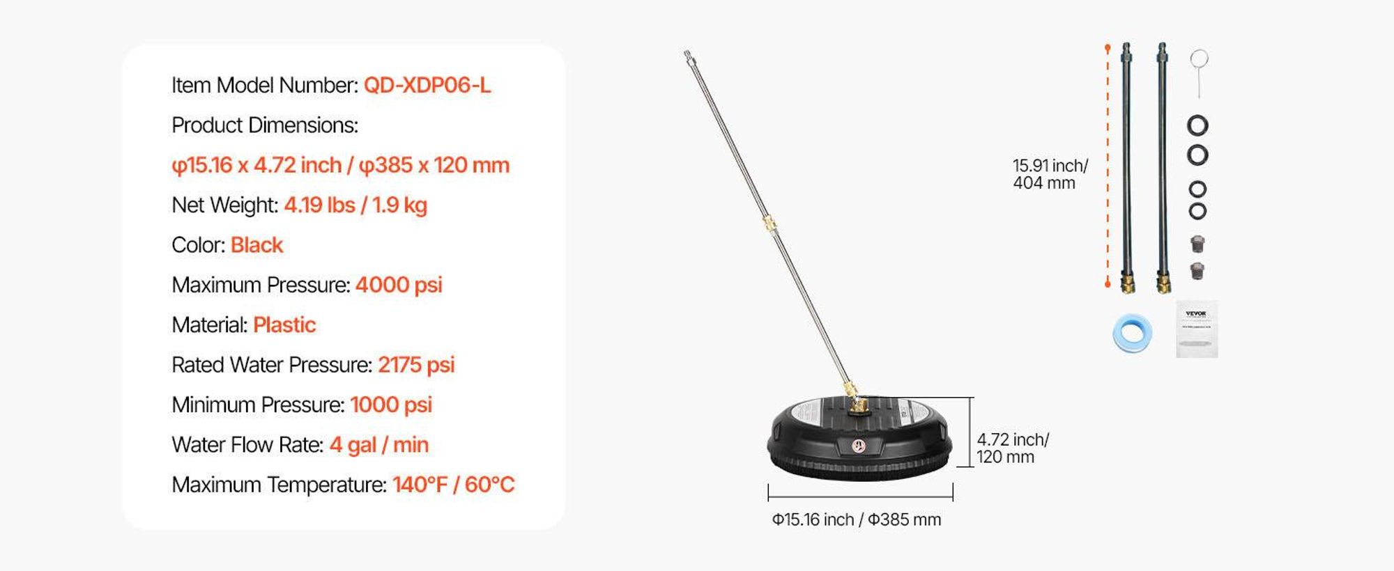 VEVOR 15" Hochdruckreiniger Flächenreiniger, Edelstahl Hochdruckreiniger Aufsätze mit 4 Rädern, 4000 Max PSI, 1/4 Schnellanschluss, 2 Sprühdüsen, 2 Verlängerungsrohre für Beton, Terrasse, Deck, Schwarz-a, 38.1 cm-b