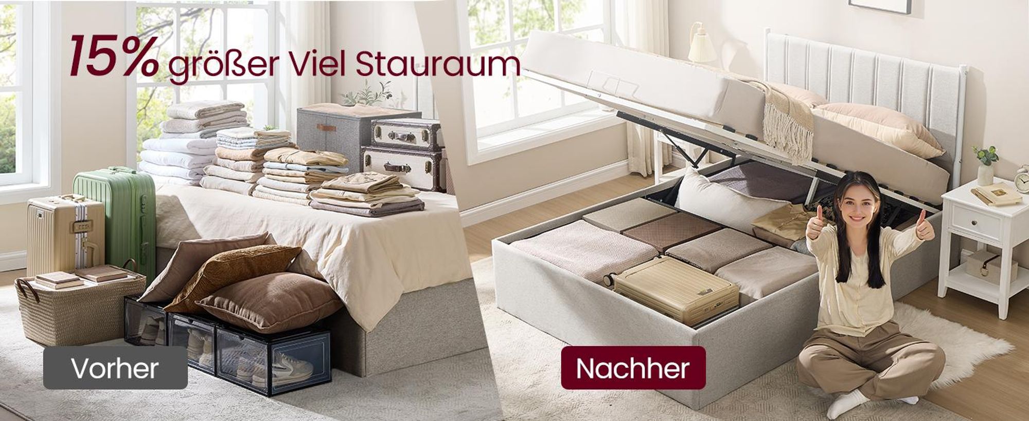 VASAGLE Bettgestell, 160 x 200 cm, hochklappbar Lattenrost, Stauraum unter dem Bett, mit Kopfteil, beige