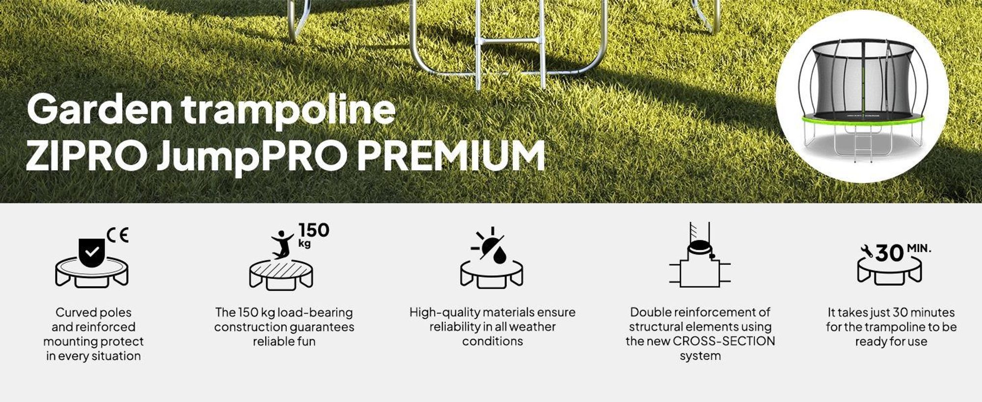 ZIPRO Trampolína Jump Pro Premium | 10FT Ø 312 cm | Zahradní trampolína Dětská trampolína Kompletní sada včetně sítě, žebříku a krytu okraje, venkovní, zelená