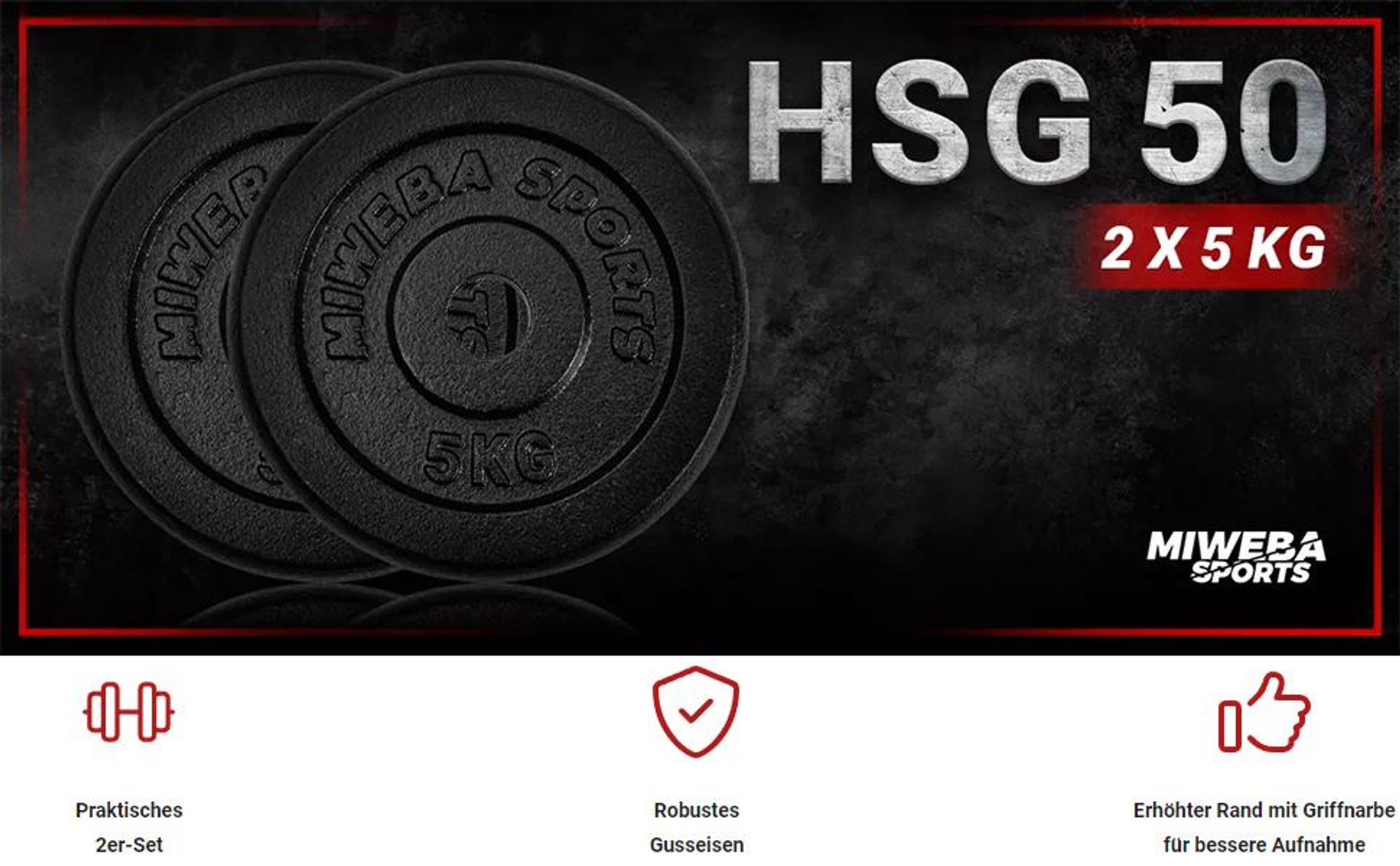 Miweba Sports Hantelscheiben Set | Gusseisen - Hantelgewichte - Gewichtsscheiben - Fitness Scheiben - Gewichte für Hantel - Ø30mm - Schwarz - 2x5 kg