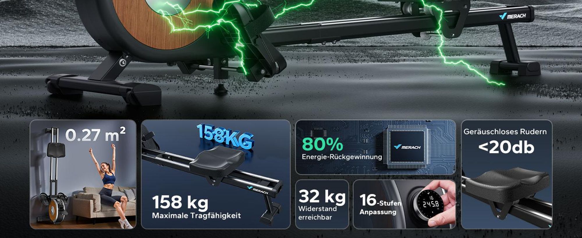 MERACH magnetisches Rudergerät – 16 Stufen Widerstand, Doppelschienen, Bluetooth-App (Kinomap), Tablet-Halter, leise, vertikal klappbar, bis 158 kg