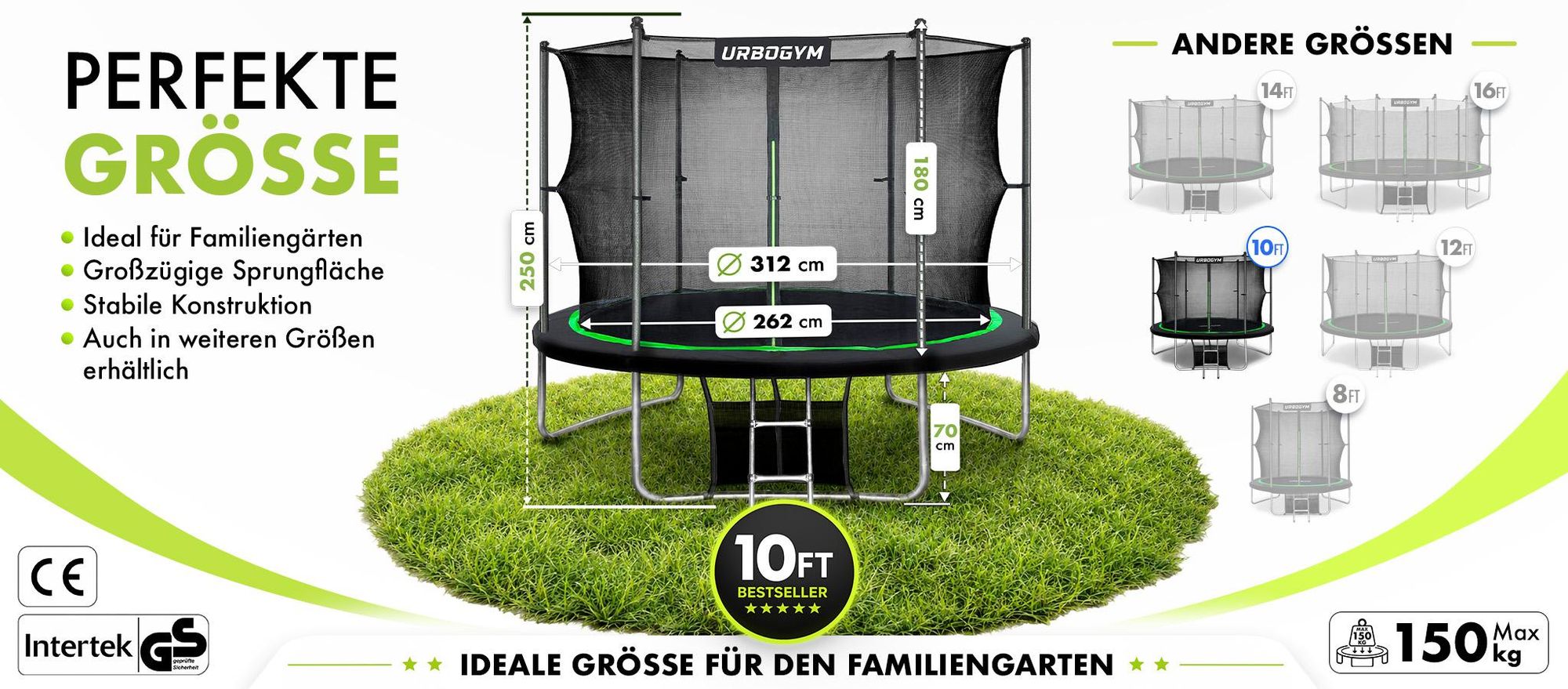 urbogym jumper 10ft gartentrampolin mit größenangaben und weiteren größen