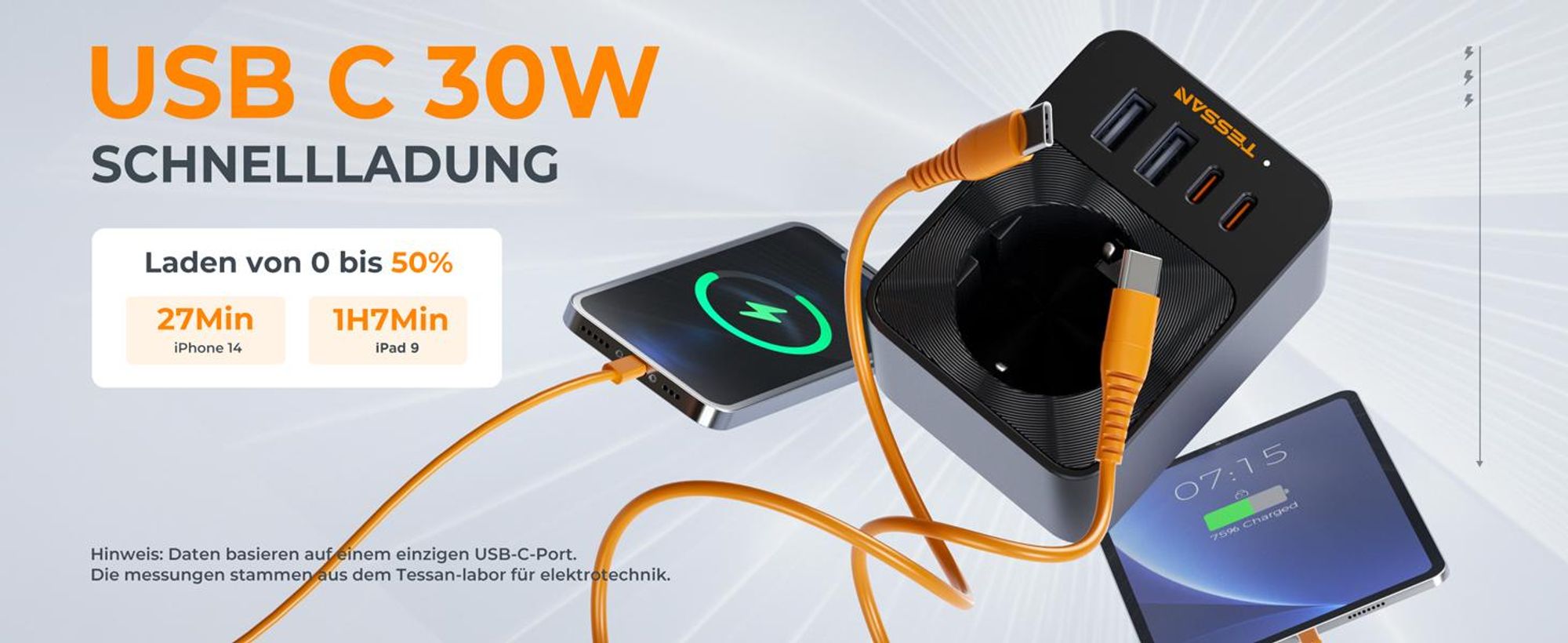 TESSAN Steckdose Schutzadapter 3600W mit 2 USB-C und 2 USB-A für Heimoffice kompakter Mehrfachadapter Stecker Schwarz