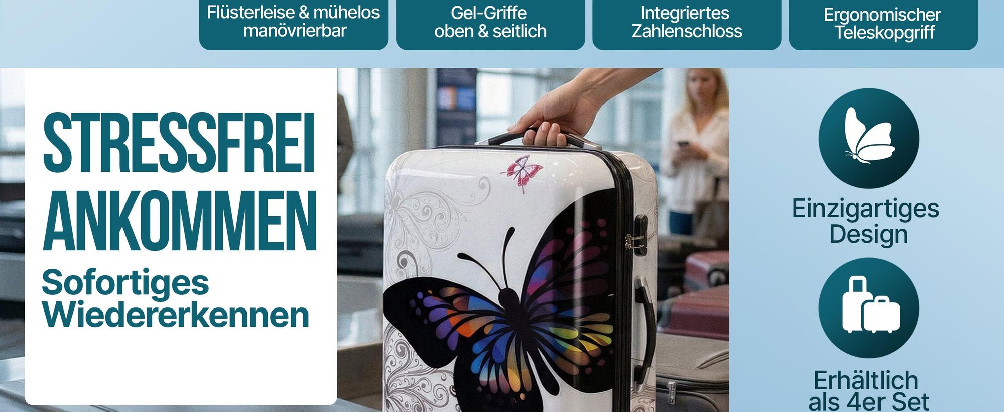 MONZANA Reisekoffer Hartschalenkoffer Butterfly Hartschale Trolley Koffer | ABS-Kunststoff | PC beschichtet | Alu Teleskopgriff | gummierte Zwillingsrollen | Größe XL