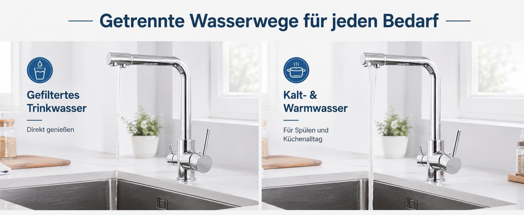 3-Wege Wasserhahn mit Filter, 360° drehbare Küchenarmatur, Kalt-Warm-Trinkwasser, Doppelhebel, 2 Sprühmodi, Edelstahl