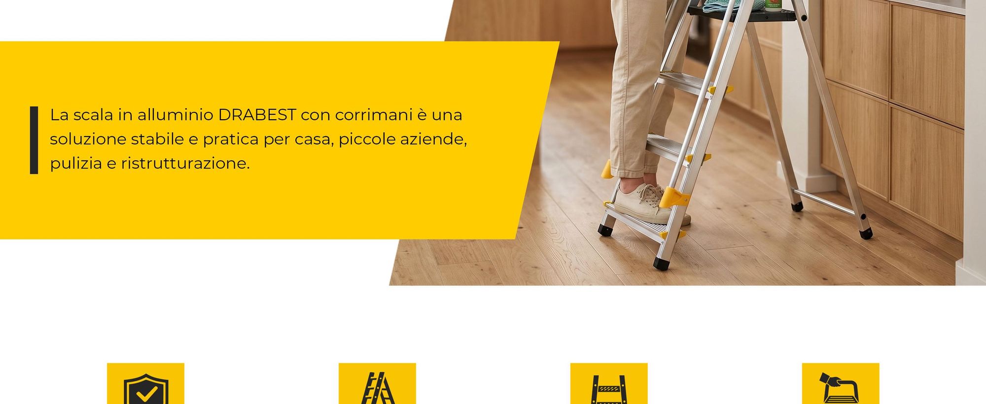 Drabest | Scala - 4 gradini, portata 150kg - Scala con corrimano, scala in alluminio, piedini antiscivolo, scaletta, scala pieghevole