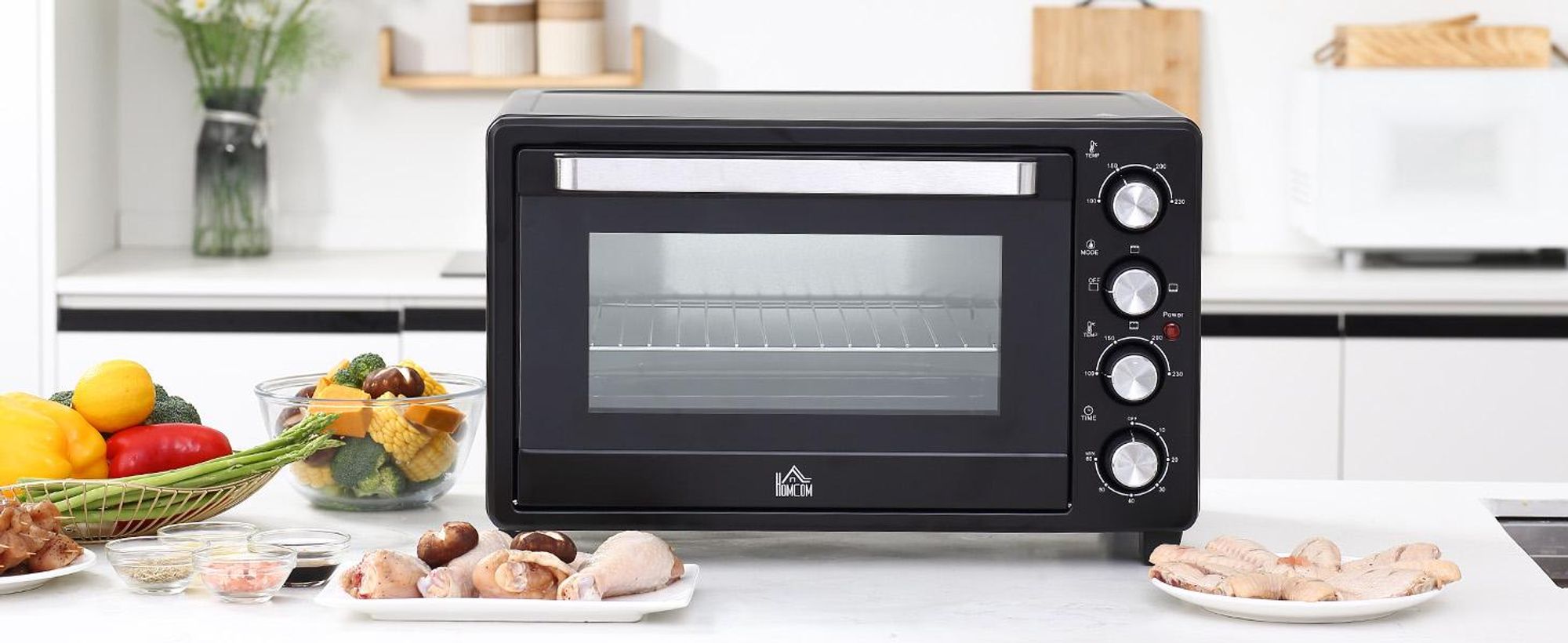 HOMCOM Mini Backofen 32L Mini Ofen mit Grillrost, Backblech, 3 Kochmodi Schwarz