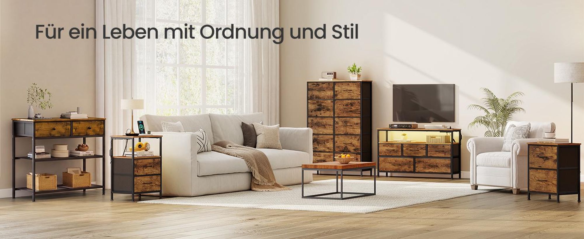 SONGMICS Konsolentisch, Beistelltisch mit 2 Stoffschubladen, schmaler Flurtisch, für Wohnzimmer, Metallrahmen, braun
