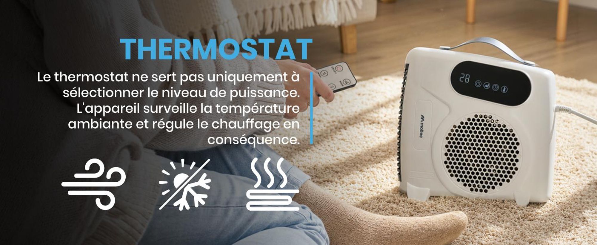Chauffage électrique MalTec, chauffage rapide, fonction ventilateur, 2000 W, thermostat (15–40 °C), minuterie, télécommande, couleur : blanc