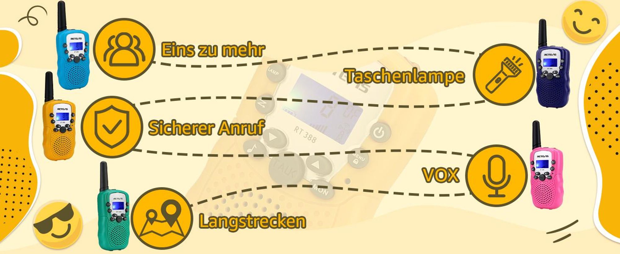 Retevis RT388 Walkie Talkie Kinder, Spielzeug ab 4-12 Jahre, Funkgeräte mit Taschenlampe VOX, Weihnachtsgeschenke für Jungen und Mädchen