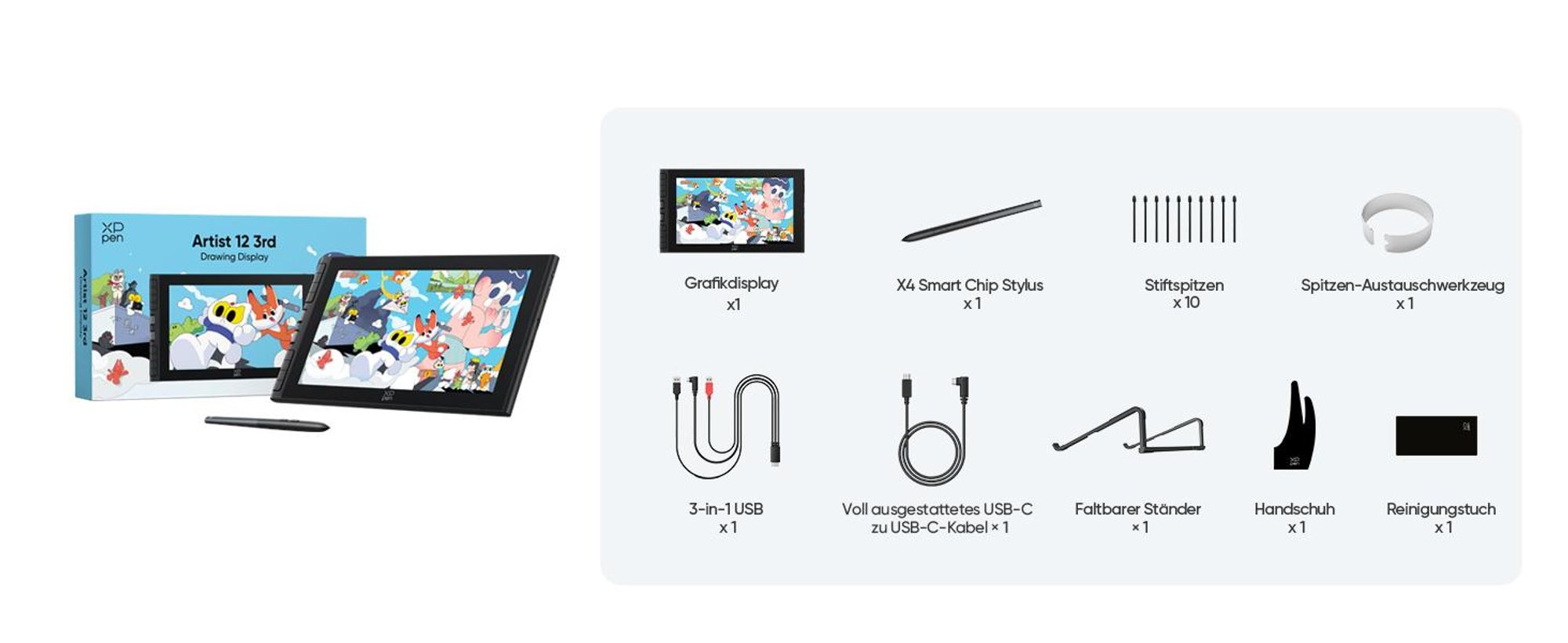 XPPen Artist 12 3rd, Kabelgebunden, 5080 lpi, 264 x 149 mm, USB, Stift, 60°