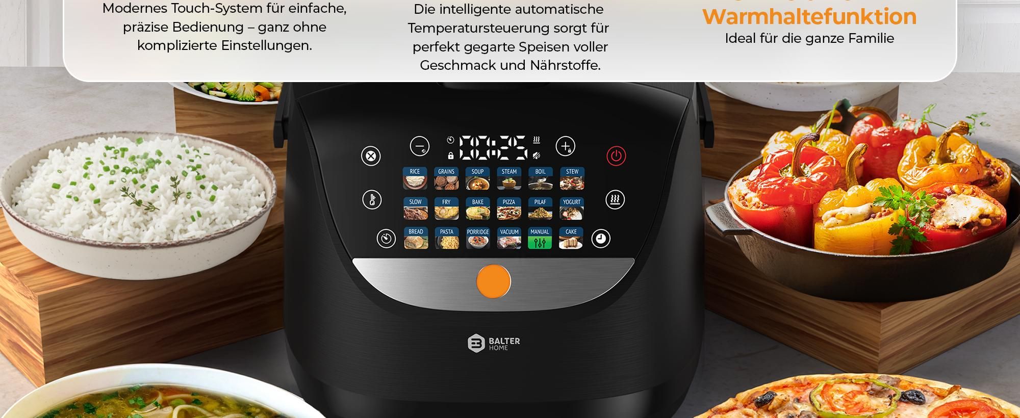 Balter Reiskocher, Multikocher 4L mit 18 Programmen & Warmhaltefunktion, Dampfgarer, Touch-Bedienfeld, Fuzzy-Logic, Premium-Topf, Klein, Schwarz