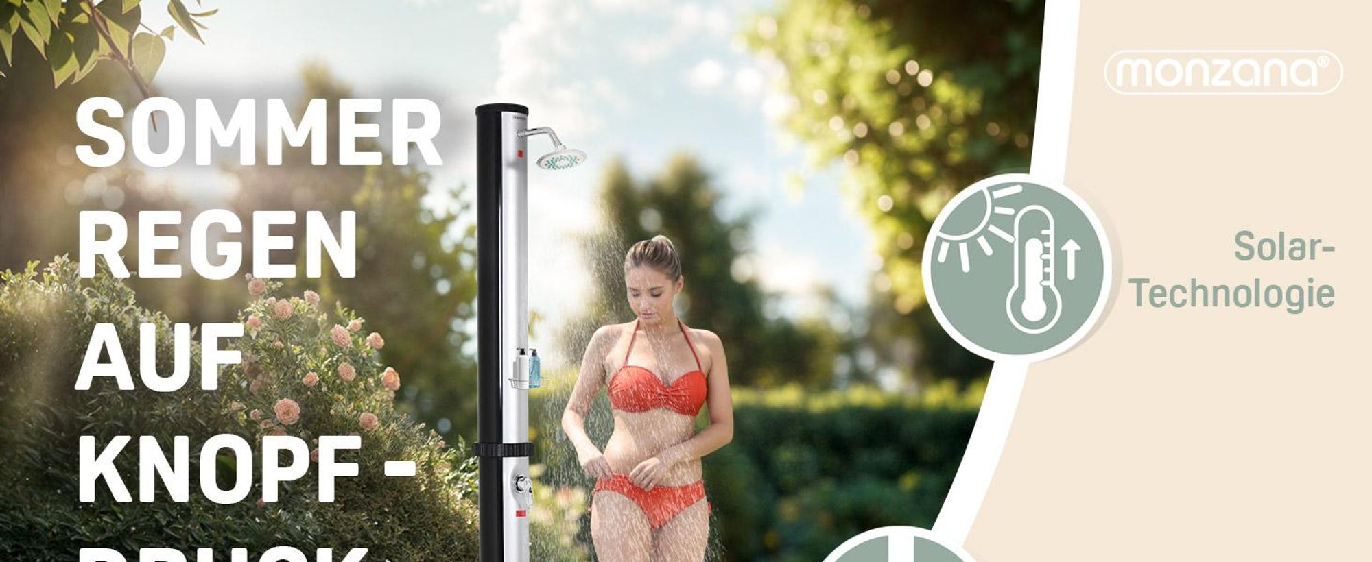 MONZANA Solardusche 35L für Garten, 216 cm hoch, UV-beständig, schwenkbarer Duschkopf & Wasserhahn