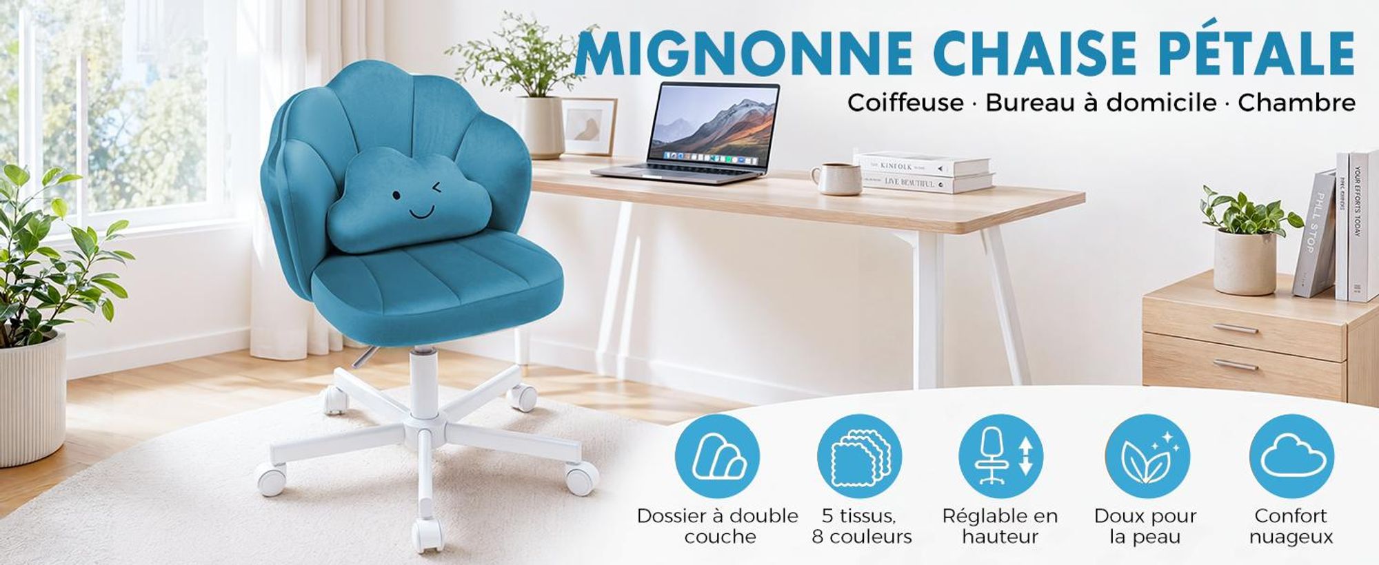 Chaise de bureau COMHOMA, chaise de maquillage, chaise de bureau à roulettes avec double dossier et coussin moelleux, chaise pivotante réglable en hauteur, velours, bleu
