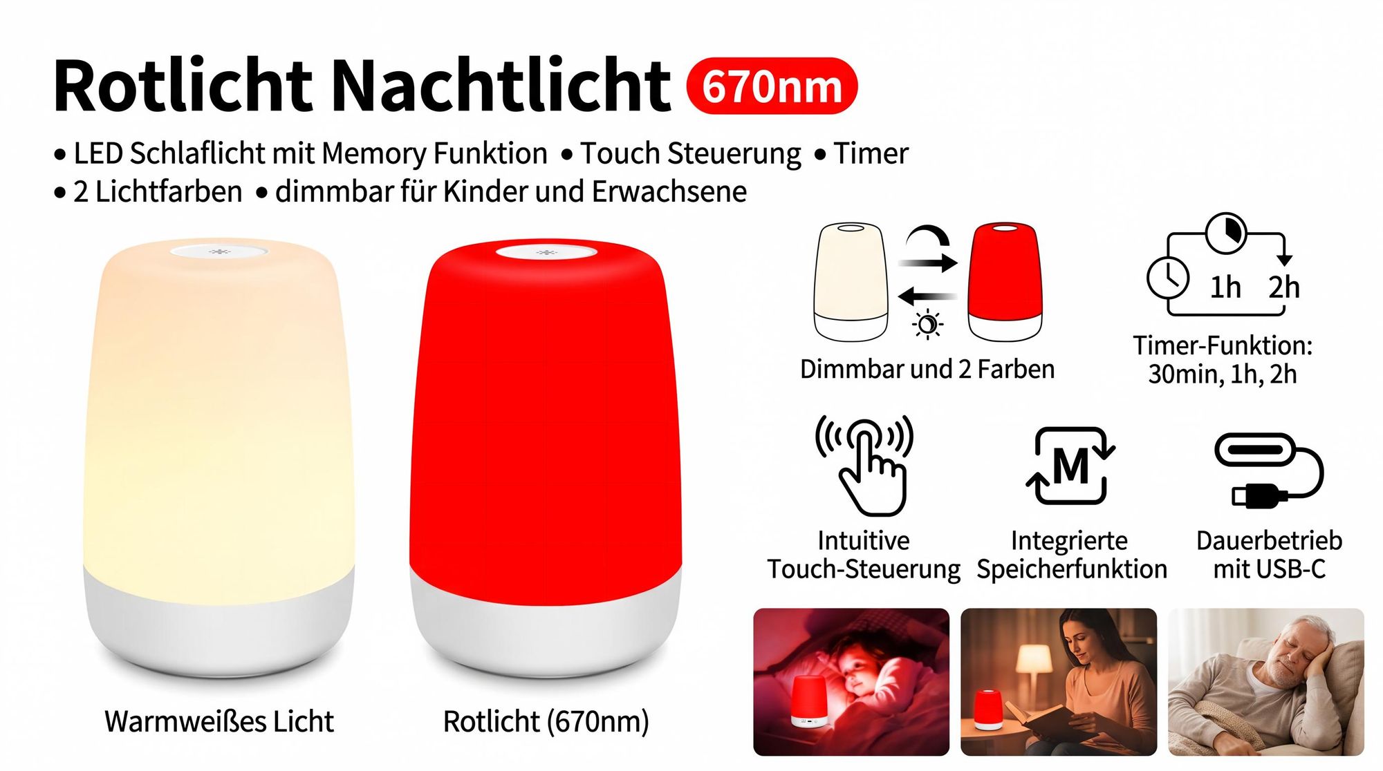 Rotlicht Nachtlicht 670nm, LED Schlaflicht mit Memory Funktion, Touch Steuerung, Timer, 2 Lichtfarben, dimmbar für Kinder & Erwachsene