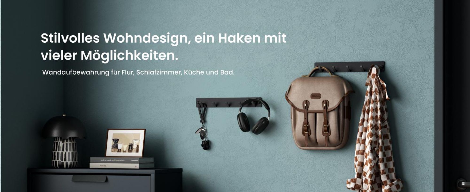 Mai & Mai Kleiderhaken Wandgarderobe Wandhaken aus Edelstahl mit 5 Haken Garderobenleiste Garderobenhaken 30cm Matt schwarz Stalo-05