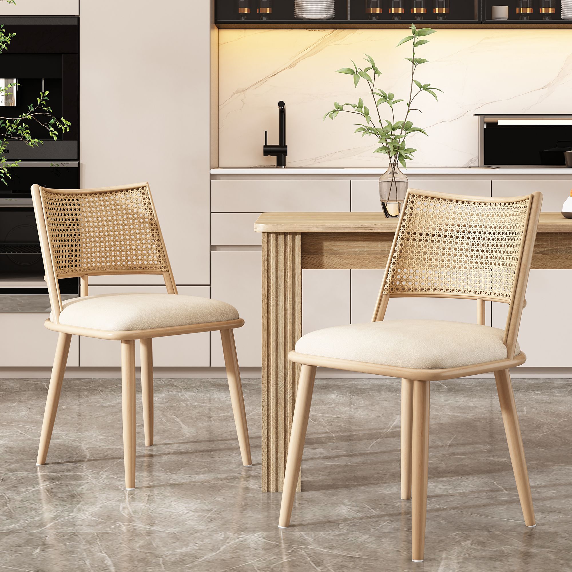Flieks Rattan Esszimmerstühle 2er Set, Esstischstühle Küchenstühle mit Metallbeinen, Gartenstuhl Freizeitstuhl Wohnzimmerstuhl, PU, Beige