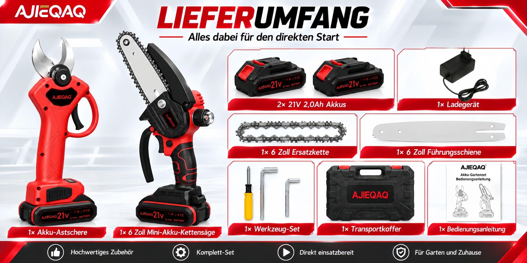 21V 2-in-1 Akku Gartenschere & Mini Kettensäge, Brushless Akku Astschere/Baumschere, 25 mm SK5, 6 Zoll Akku Kettensäge, 2×2,0Ah Akkus
