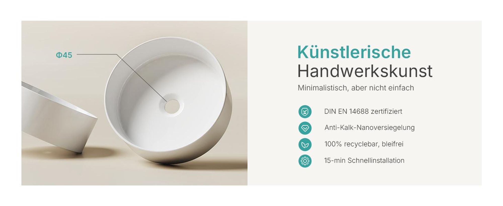 EMKE Aufsatzwaschbecken Rund 352x352x112mm aus Keramik, glänzend weiß glasiert, ohne Hahnloch & Überlauf, Modernes Design für stilvolle Badezimmer