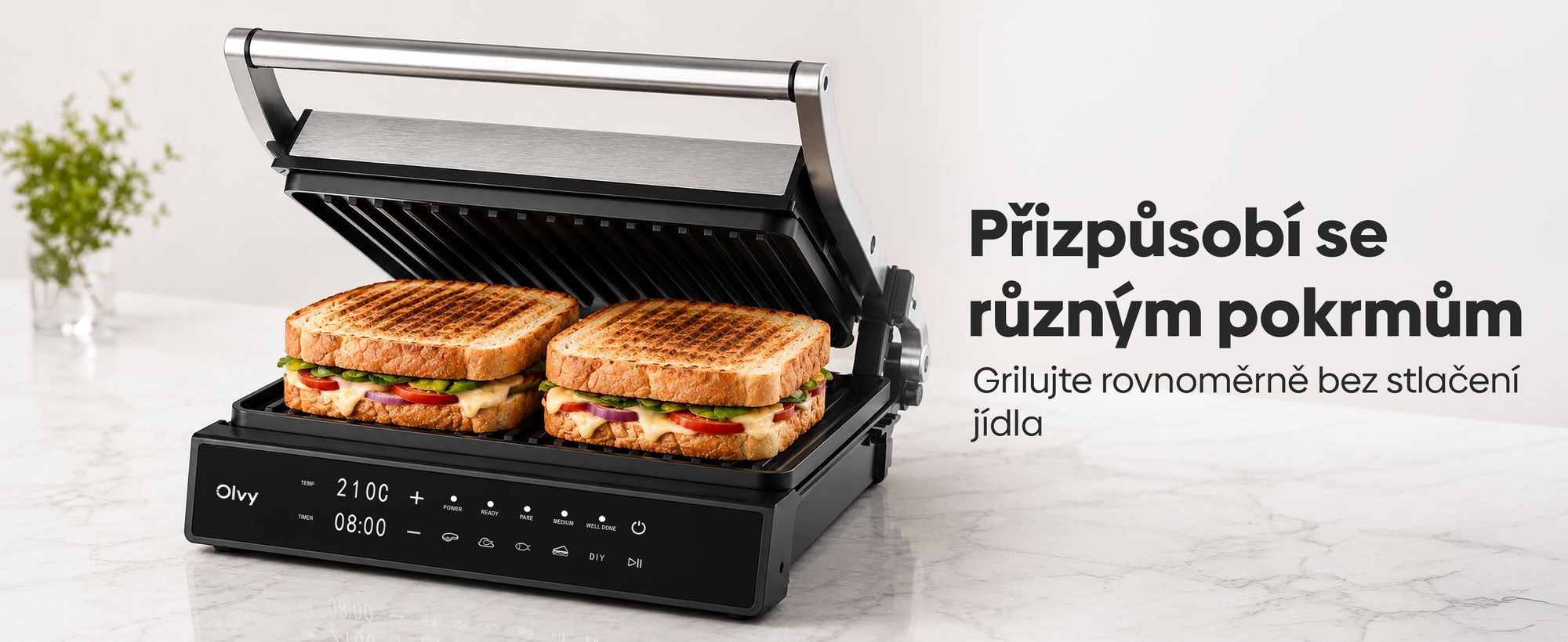 Kontaktní gril Olvy, 2000 W, elektrický gril a sendvičovač, 5 programů, panini gril, grilovací toustovač pro vnitřní použití, desky bez PFAS, stolní gril